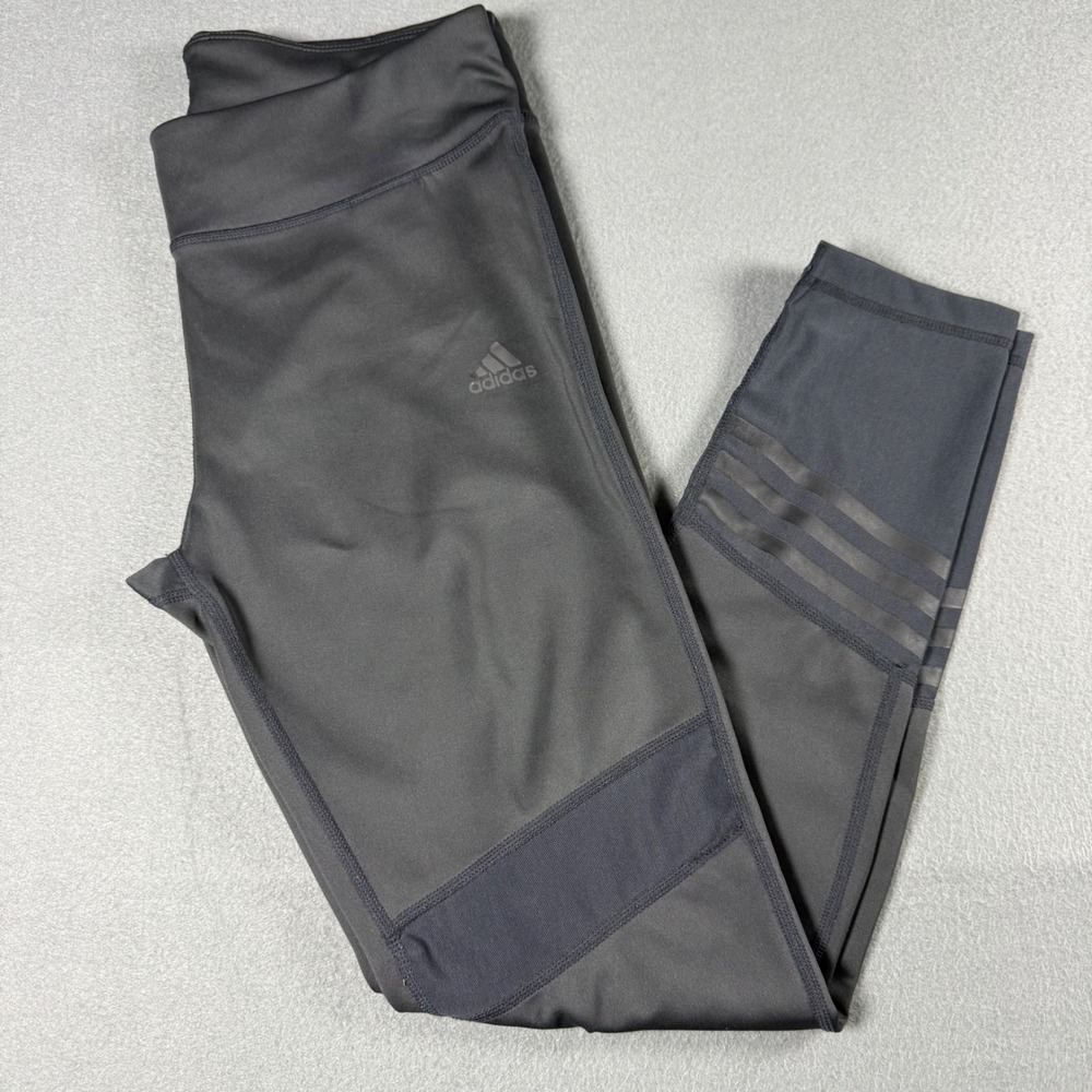 Adidas Womens‎ Leggings Standard 19 Medium Grey Mesh Panel 3-Stripe Performance